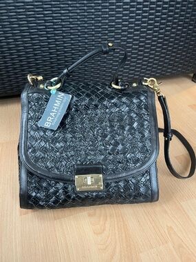 Brahmin Black Woven Leather Satchel with Gold Hardware